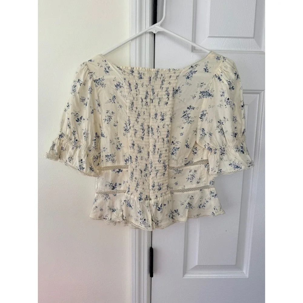 Reformation Cream Floral Square-Neck Peplum Blouse